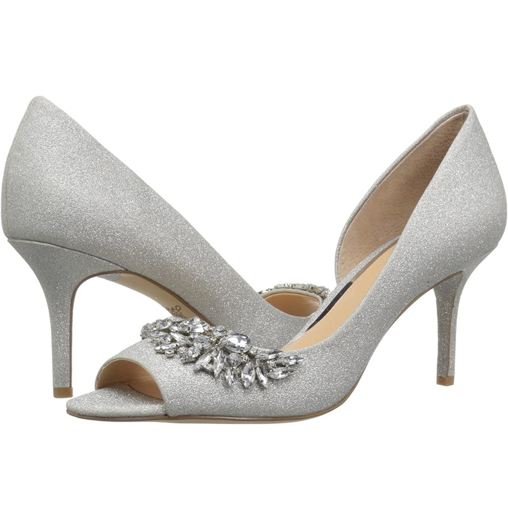 Badgley Mischka Melvina Wedding Pump Silver peep toe sandal heel size 8.5 jewel